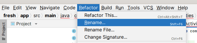 the Refactor → Rename menu in Android Studio