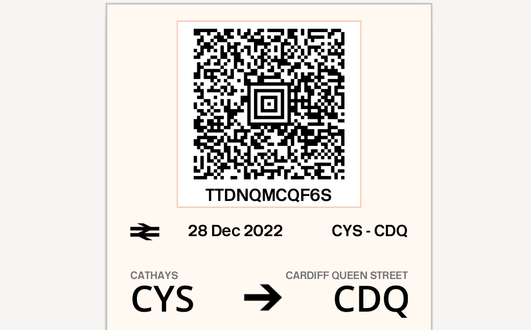 image of a Trainline ticket barcode, from Cathays (CYS) to Cardiff Queen St (CDQ), UTN TTDNQMCQF6S